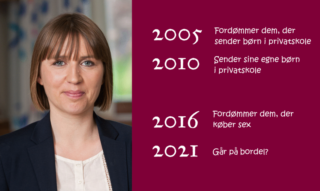2005: Fordømmer dem, der sender børn i privatskole. 2010: Sender sine egne børn i privatskole. 2016: Fordømmer dem, der køber sex. 2021: Går på bordel?