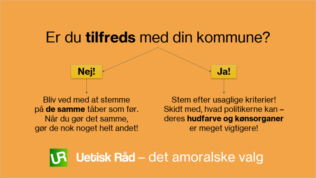 Er du tilfreds med din kommune?
Nej! Bliv ved med at stemme på de samme tåber som før. Når du gør det samme, gør de nok noget helt andet!
Ja! Stem efter usaglige kriterier! Skidt med, hvad politikerne kan - deres hudfarve og kønsorganer er meget vigtigere!